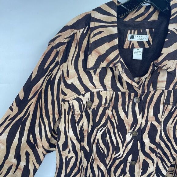 Carole Little Womens Button Up Shirt Long Sleeve Linen Animal Print Brown 3X - Picture 9 of 11